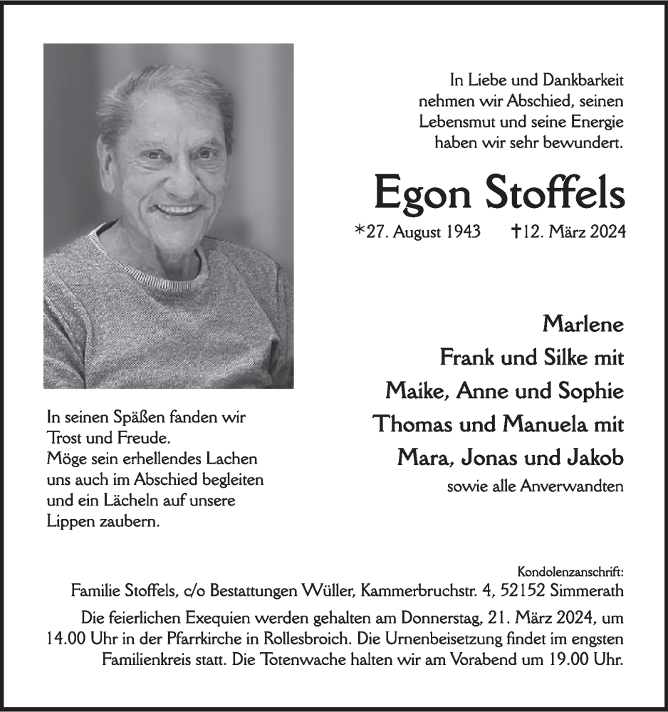  Traueranzeige für Egon Stoffels vom 20.03.2024 aus WochenSpiegel