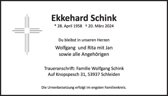 Traueranzeige von Ekkehard Schink von WochenSpiegel