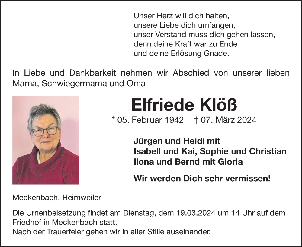  Traueranzeige für Elfriede Klöß vom 16.03.2024 aus WochenSpiegel