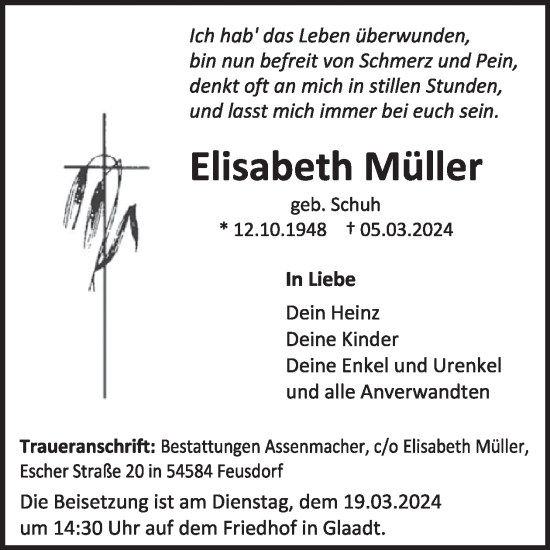 Traueranzeige von Elisabeth Müller von WochenSpiegel