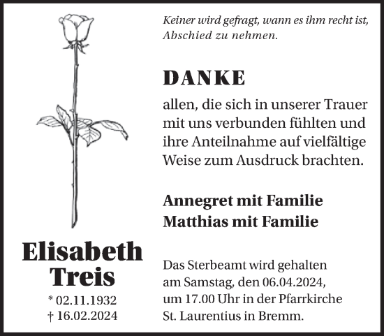 Traueranzeige von Elisabeth Treis von WochenSpiegel