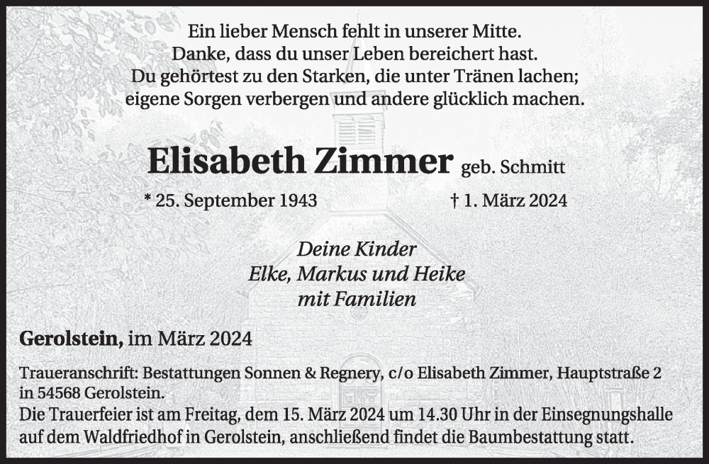  Traueranzeige für Elisabeth Zimmer vom 09.03.2024 aus WochenSpiegel