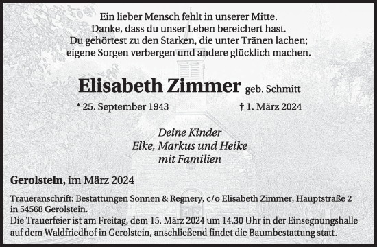 Traueranzeige von Elisabeth Zimmer von WochenSpiegel