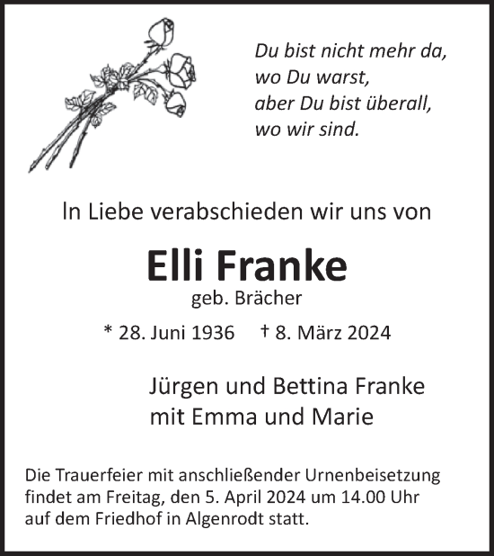 Traueranzeige von Elli Franke von WochenSpiegel