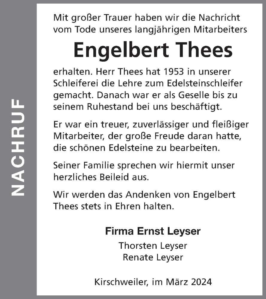  Traueranzeige für Engelbert Thees vom 09.03.2024 aus WochenSpiegel