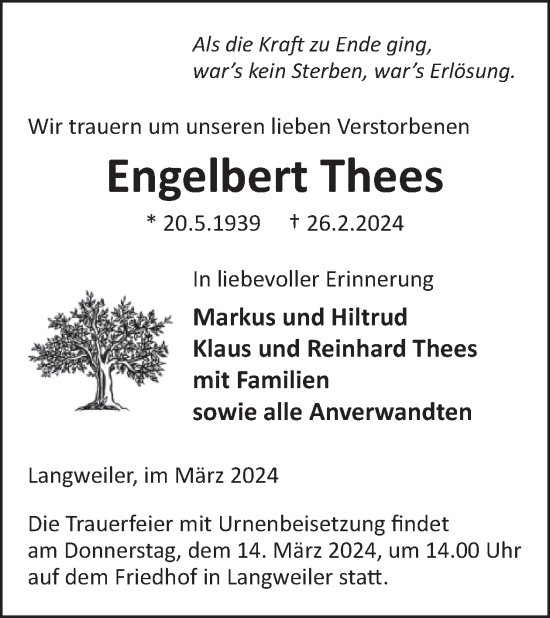 Traueranzeige von Engelbert Thees von WochenSpiegel
