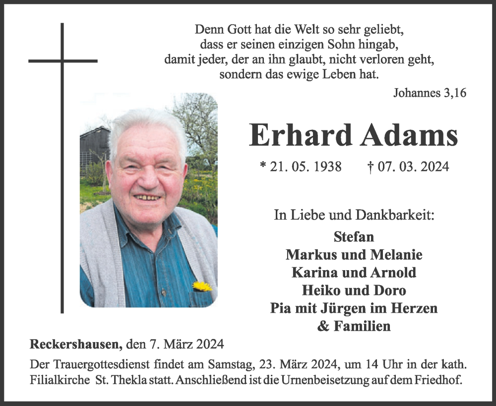  Traueranzeige für Erhard Adams vom 16.03.2024 aus WochenSpiegel