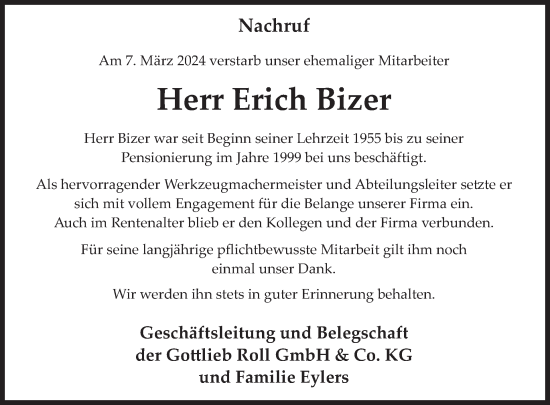 Traueranzeige von Erich Bizer von WochenSpiegel