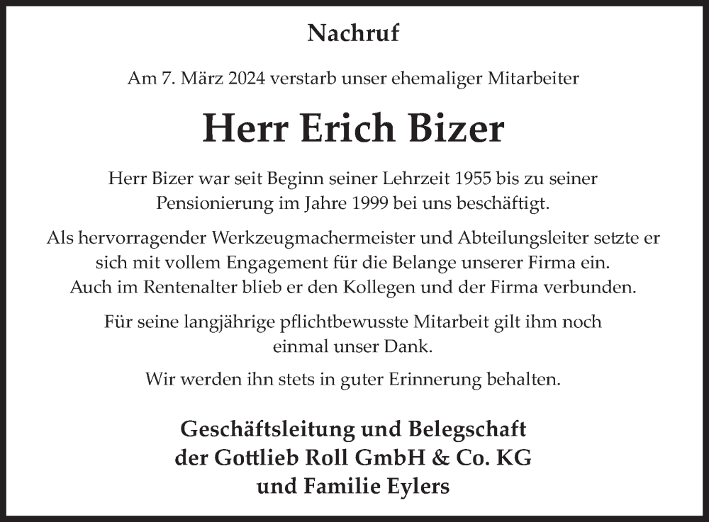  Traueranzeige für Erich Bizer vom 30.03.2024 aus WochenSpiegel
