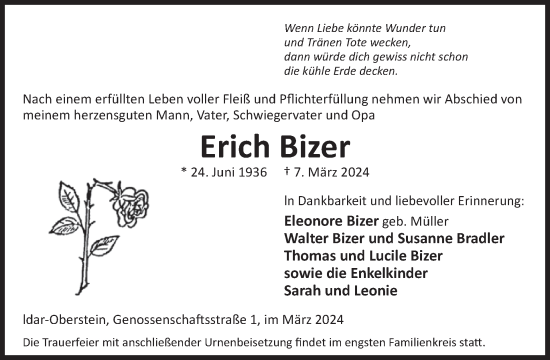 Traueranzeige von Erich Bizer von WochenSpiegel