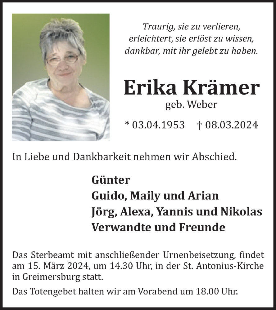  Traueranzeige für Erika Krämer vom 13.03.2024 aus WochenSpiegel