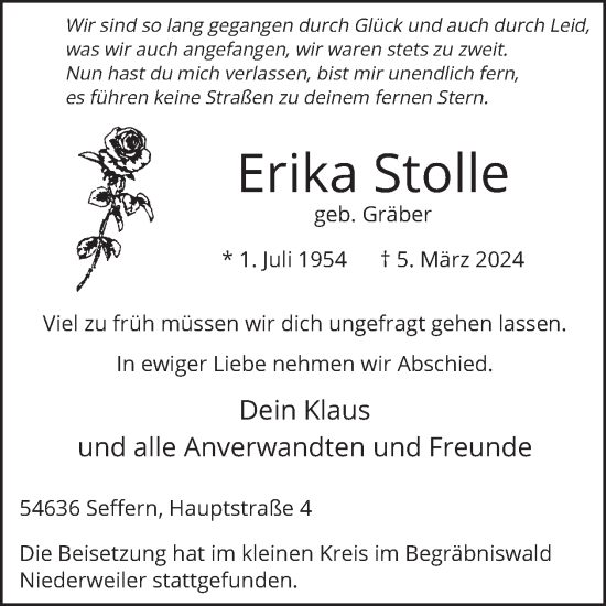 Traueranzeige von Erika Stolle von WochenSpiegel