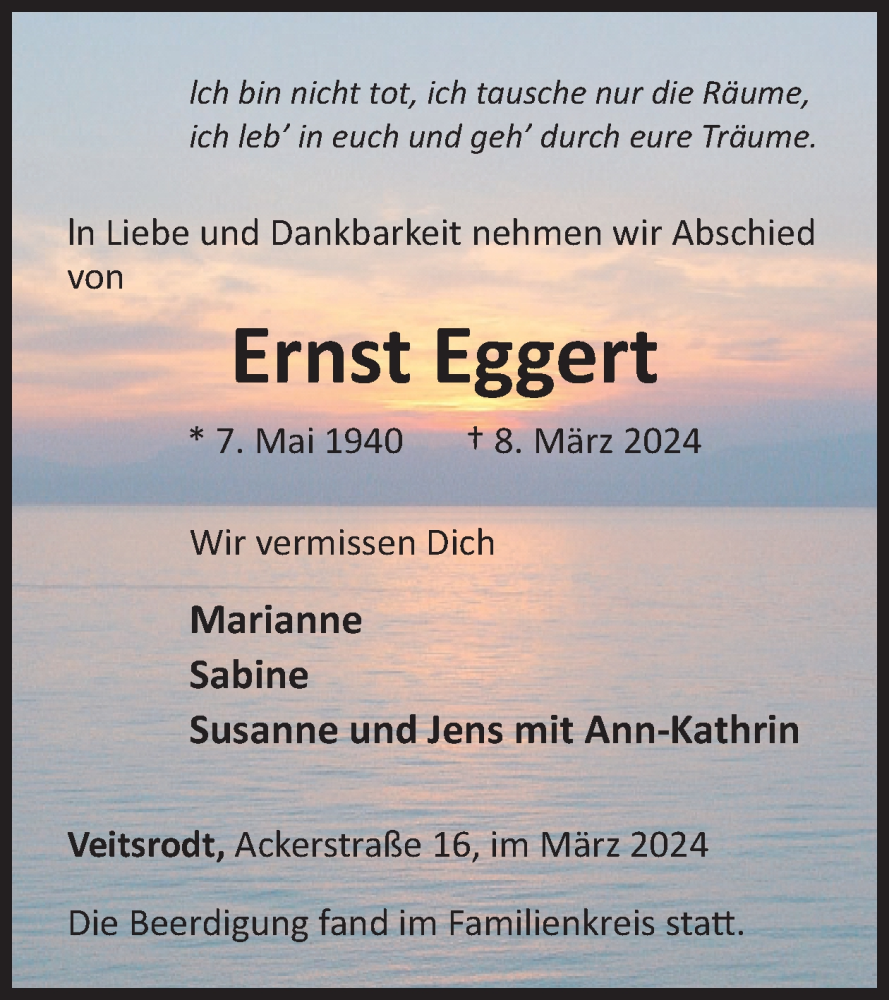  Traueranzeige für Ernst Eggert vom 16.03.2024 aus WochenSpiegel