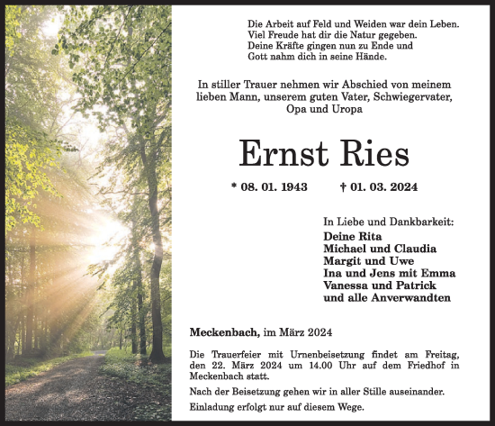 Traueranzeige von Ernst Ries von WochenSpiegel