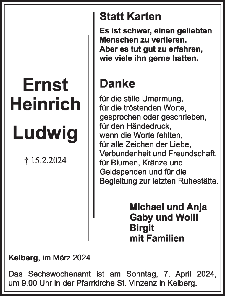  Traueranzeige für Ernst Heinrich Ludwig vom 16.03.2024 aus WochenSpiegel