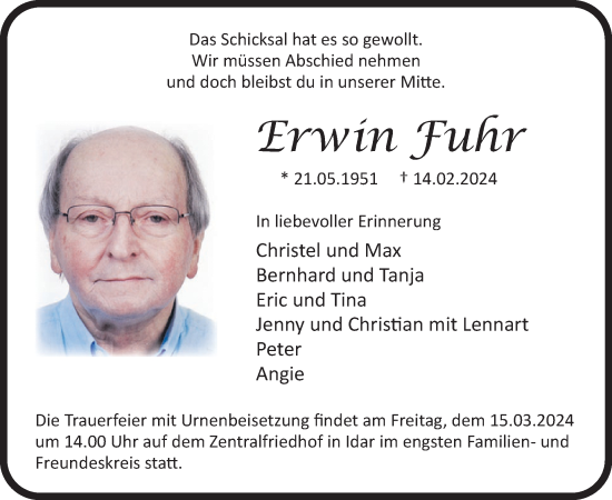 Traueranzeige von Erwin Fuhr von WochenSpiegel