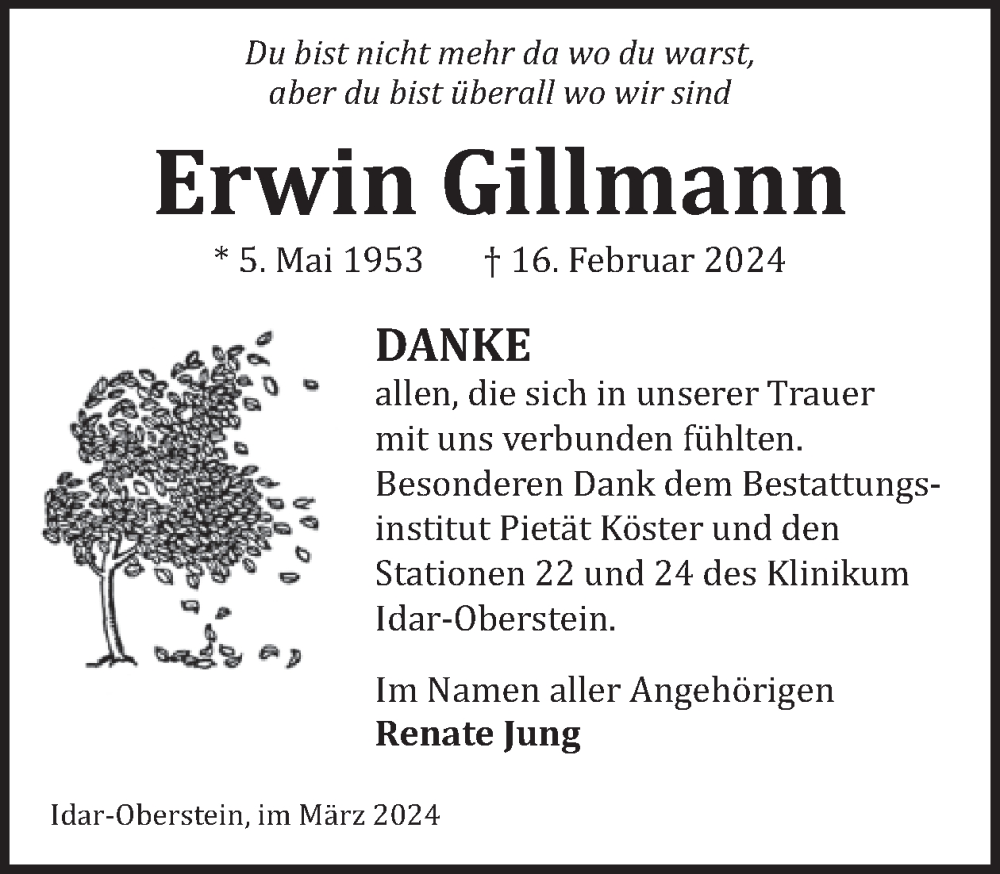 Traueranzeige für Erwin Gillmann vom 30.03.2024 aus WochenSpiegel