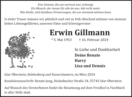 Traueranzeige von Erwin Gillmann von WochenSpiegel