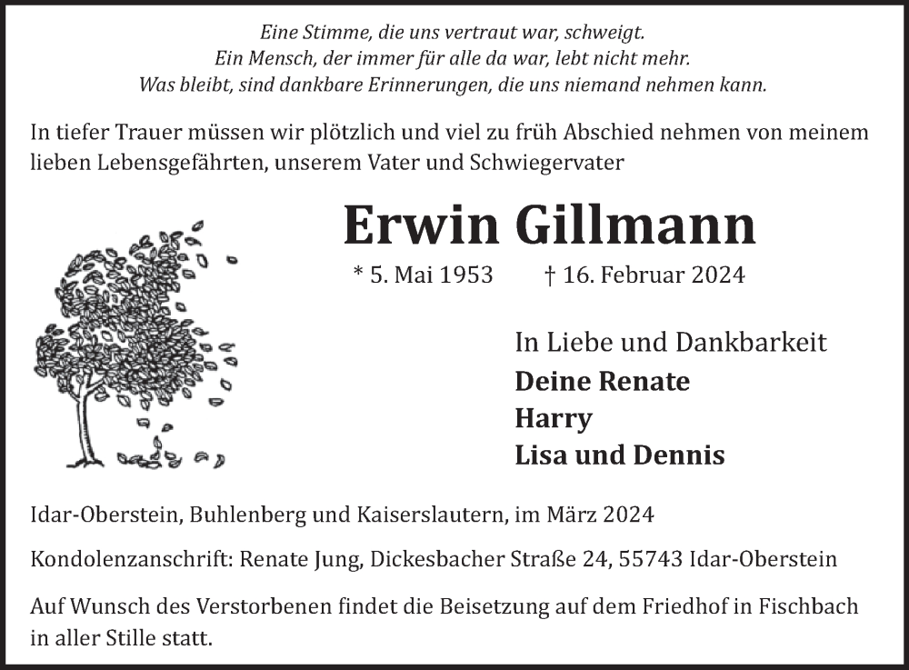  Traueranzeige für Erwin Gillmann vom 02.03.2024 aus WochenSpiegel