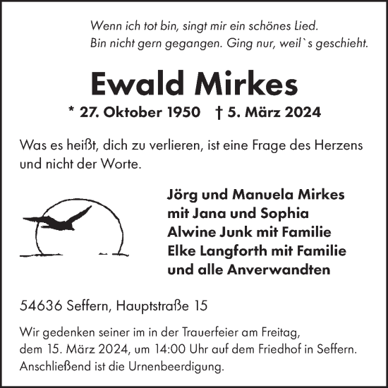 Traueranzeige von Ewald Mirkes von WochenSpiegel