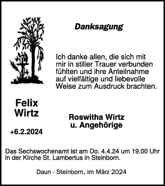 Traueranzeige von Felix Wirtz von WochenSpiegel