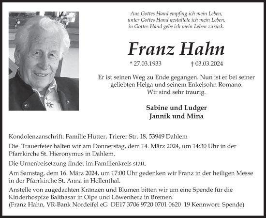 Traueranzeige von Franz Hahn von WochenSpiegel