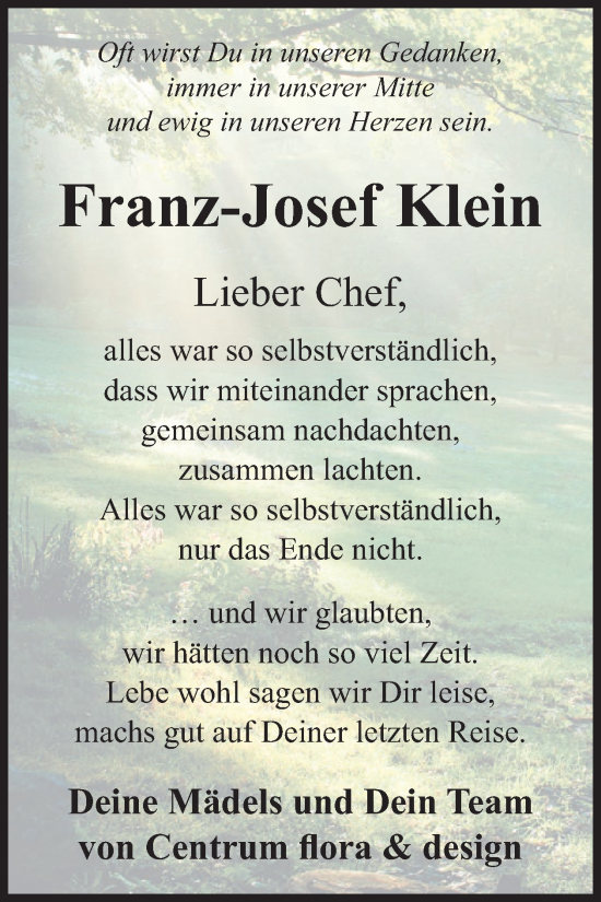 Traueranzeige von Franz-Josef Klein von WochenSpiegel