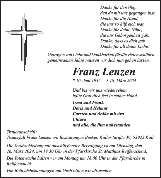 Traueranzeige von Franz Lenzen von WochenSpiegel
