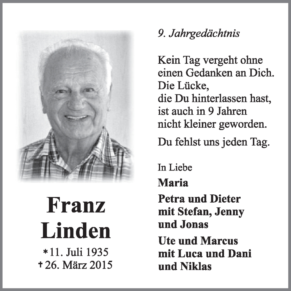  Traueranzeige für Franz Linden vom 27.03.2024 aus WochenSpiegel