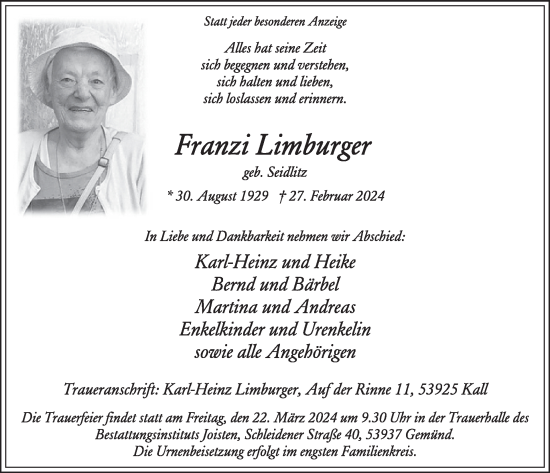 Traueranzeige von Franzi Limburger von WochenSpiegel