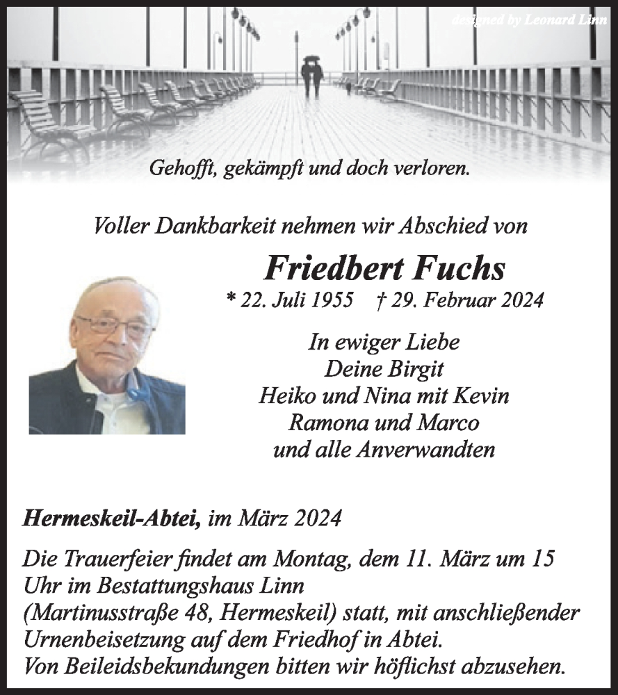  Traueranzeige für Friedbert Fuchs vom 08.03.2024 aus WochenSpiegel