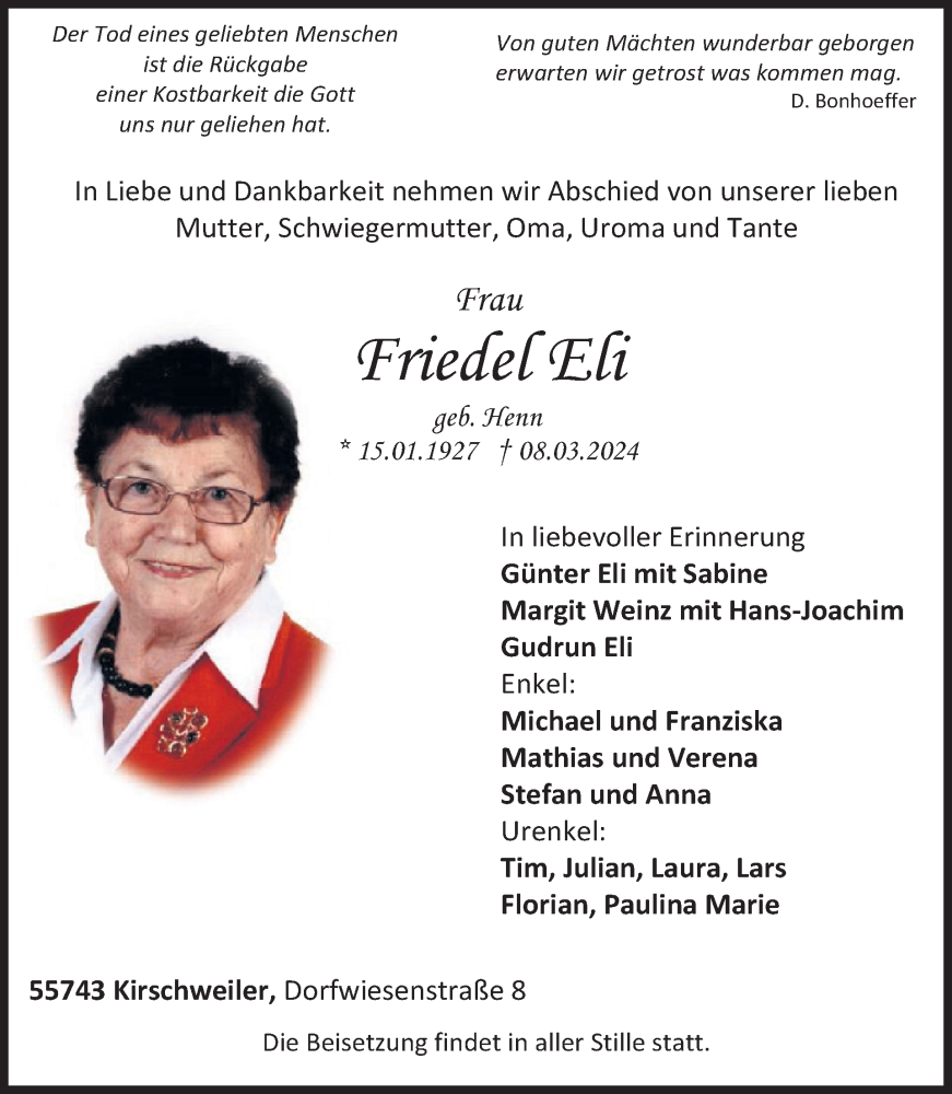  Traueranzeige für Friedel Eli vom 16.03.2024 aus WochenSpiegel