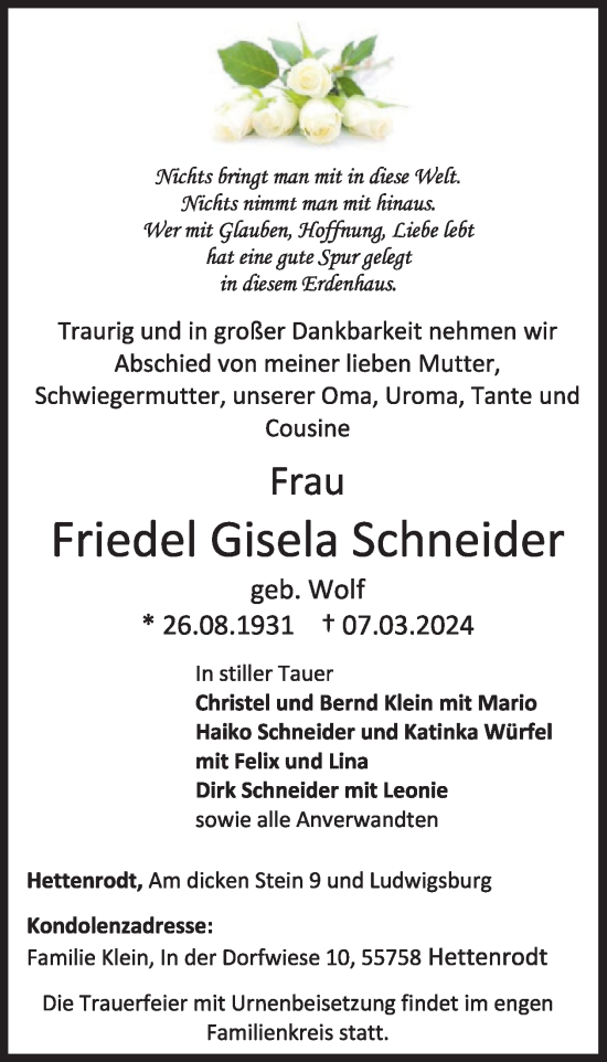Traueranzeige von Friedel Gisela Schneider von WochenSpiegel