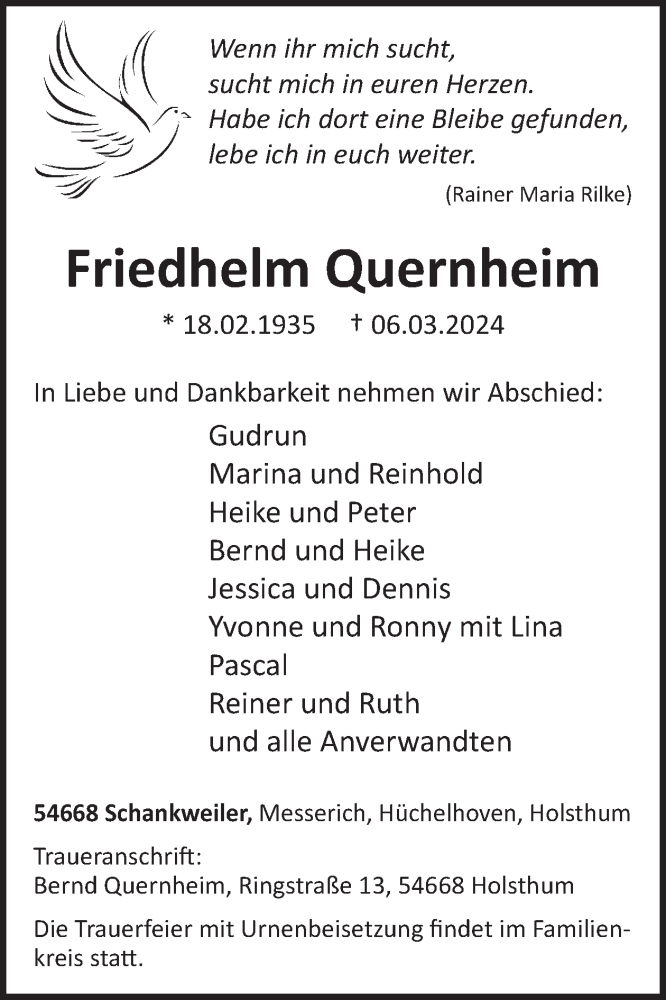  Traueranzeige für Friedhelm Quernheim vom 15.03.2024 aus WochenSpiegel