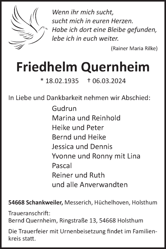 Traueranzeige von Friedhelm Quernheim von WochenSpiegel