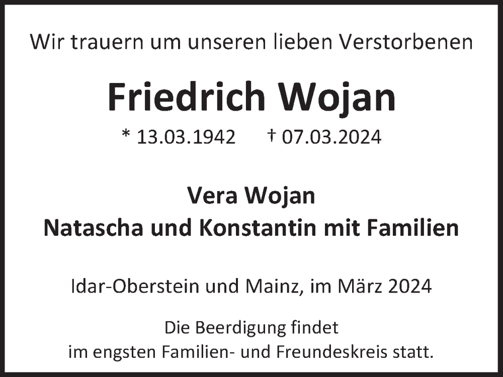  Traueranzeige für Friedrich Wojan vom 16.03.2024 aus WochenSpiegel