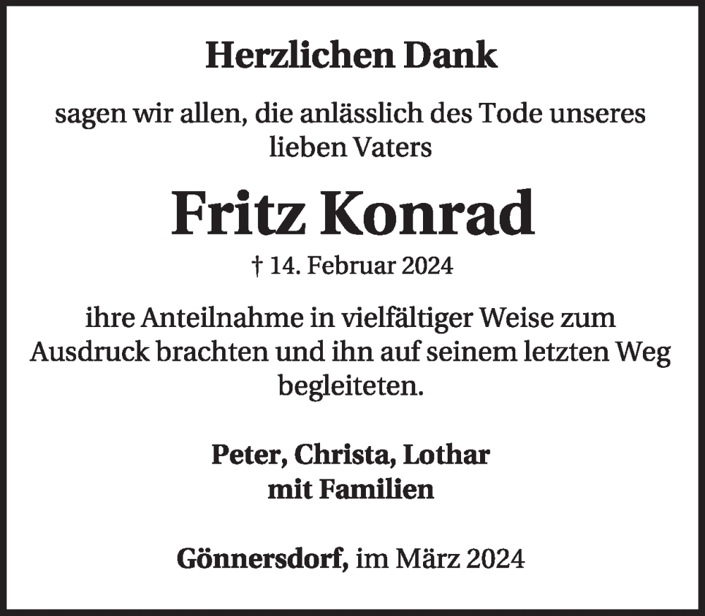  Traueranzeige für Fritz Konrad vom 23.03.2024 aus WochenSpiegel