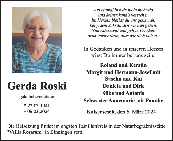 Traueranzeige von Gerda Roski von WochenSpiegel