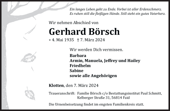 Traueranzeige von Gerhard Börsch von WochenSpiegel