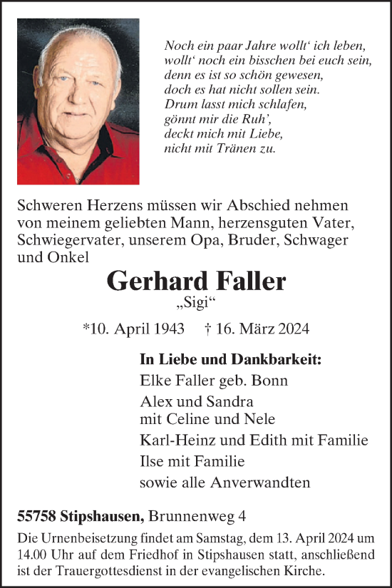Traueranzeige von Gerhard Faller von WochenSpiegel