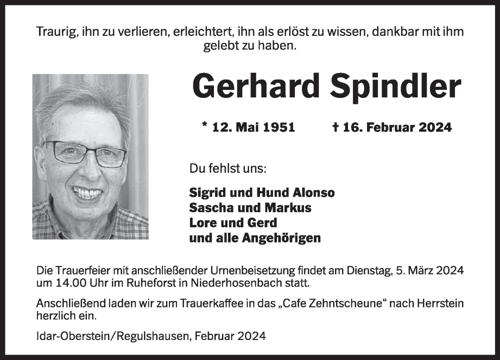  Traueranzeige für Gerhard Spindler vom 02.03.2024 aus WochenSpiegel