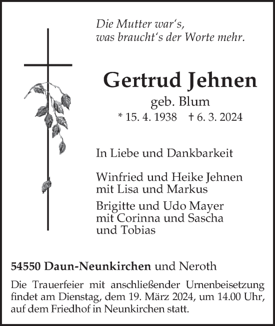 Traueranzeige von Gertrud Jehnen von WochenSpiegel