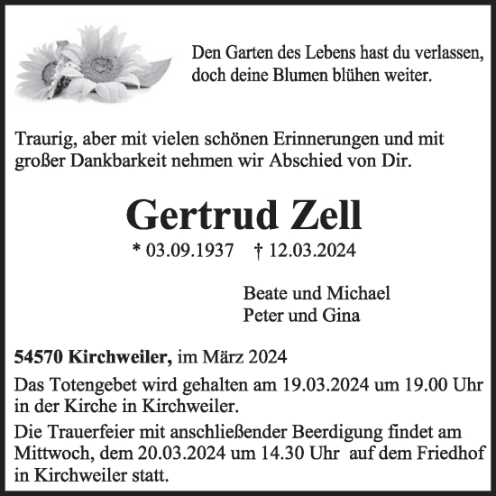 Traueranzeige von Gertrud Zell von WochenSpiegel