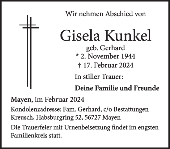 Traueranzeige von Gisela Kunkel von WochenSpiegel