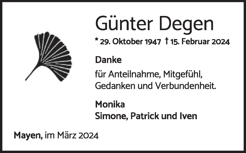  Traueranzeige für Günter Degen vom 13.03.2024 aus WochenSpiegel