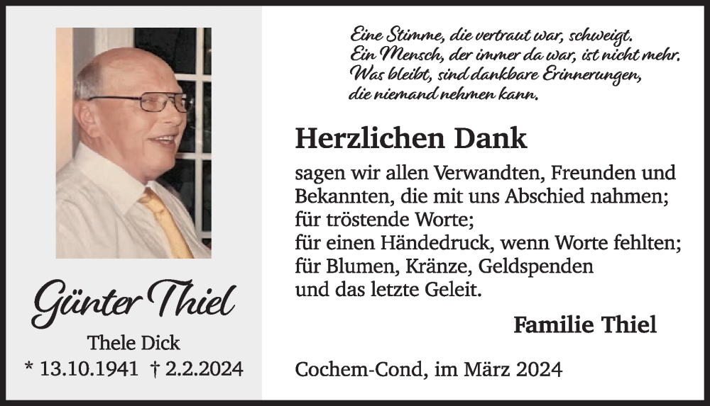  Traueranzeige für Günter Thiel vom 20.03.2024 aus WochenSpiegel