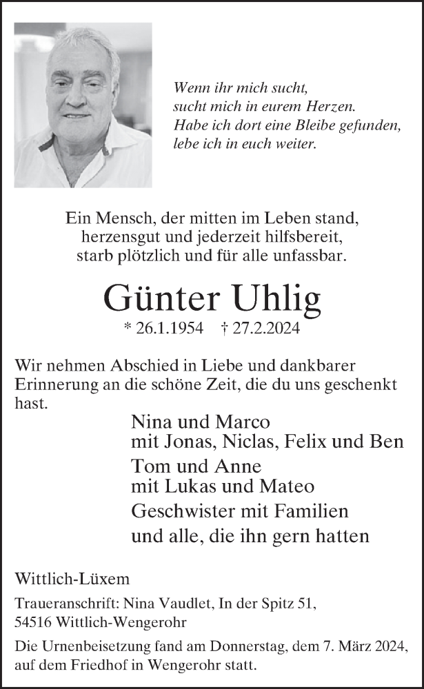  Traueranzeige für Günter Uhlig vom 08.03.2024 aus WochenSpiegel