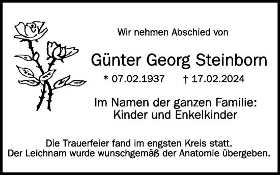 Traueranzeige von Günter Georg Steinborn von WochenSpiegel