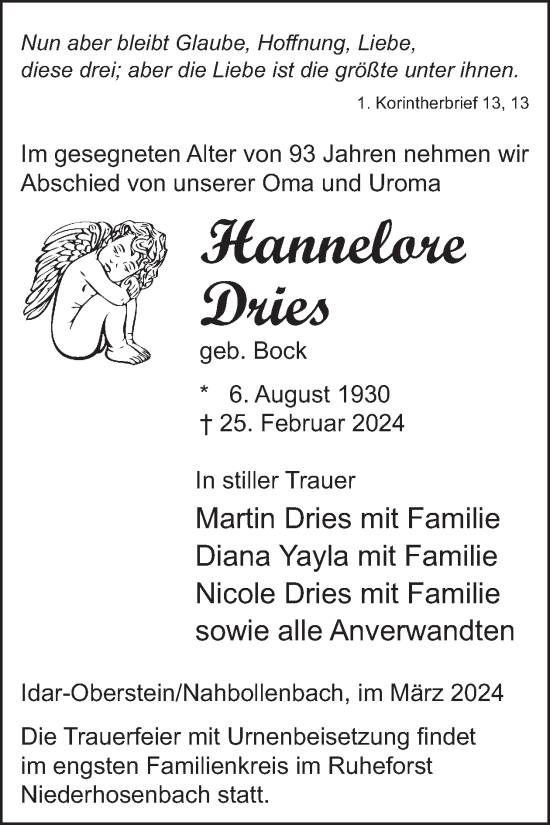Traueranzeige von Hannelore Dries von WochenSpiegel