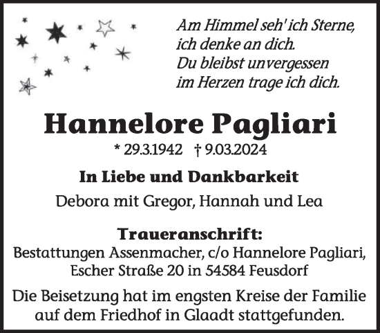 Traueranzeige von Hannelore Pagliari von WochenSpiegel